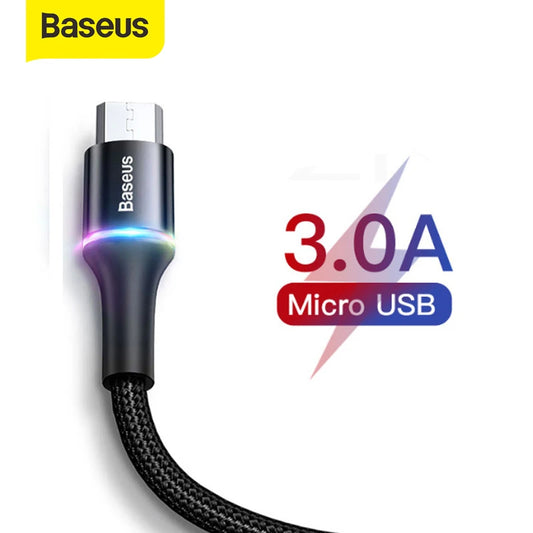 Baseus Micro USB Cable 2A 3A Fast Charging Charger With LED Lighting Mini usb Cable 3M For Xiaomi Android Mobile Phone Wire Cord